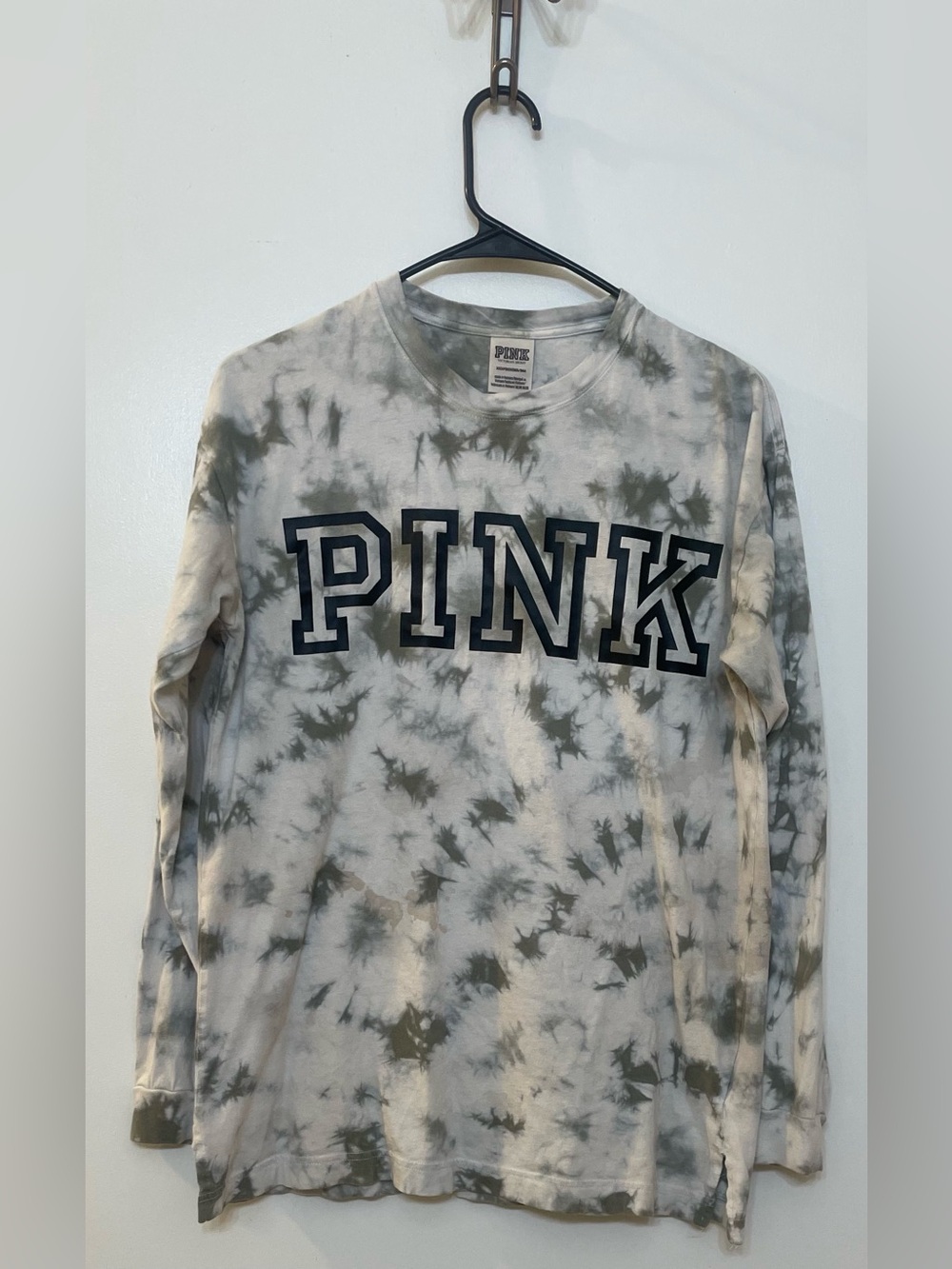 #94d PINK Victoria’s Secret Women’s Gray White Tie-Dye Crew Neck Logo Tee XS